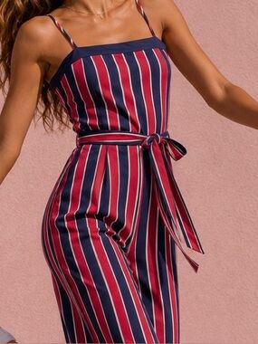 Stylish Veronica M Red, White & Navy Striped Jumpsuit - Size M